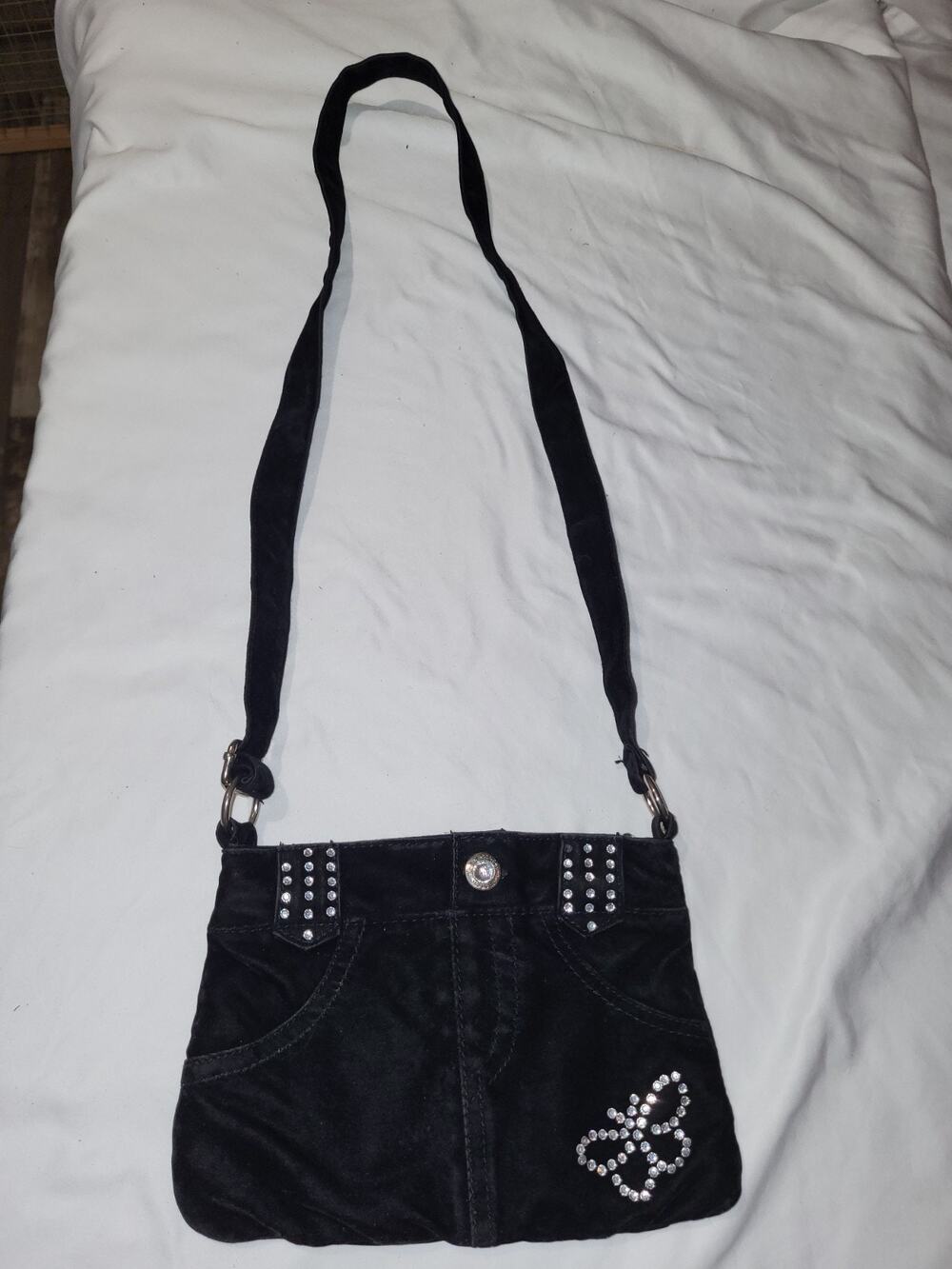 Y2K Vintage One Tuff Babe Purse Black Jeans w Butterfly Zipper Bejeweled